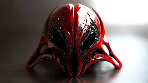 Red biomechanical alien mask with glossy reflective shell.