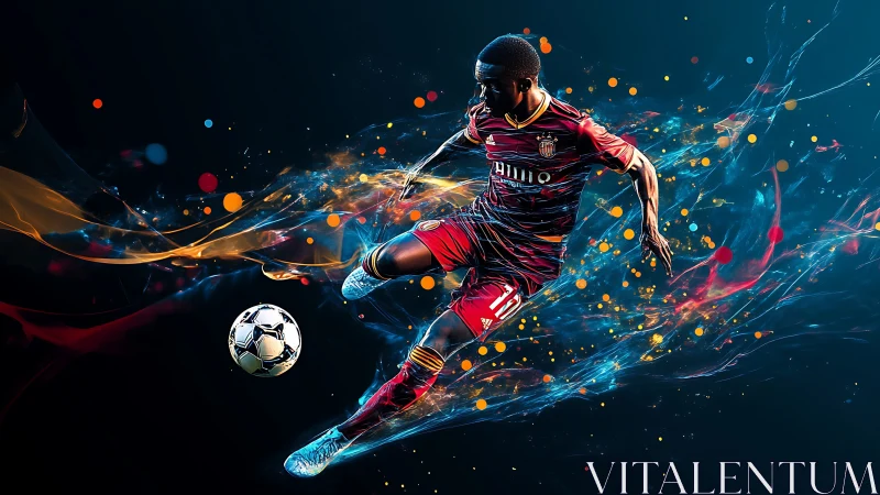 Soccer player kicks ball amid dynamic neon light trails