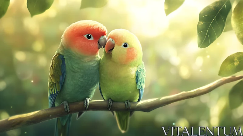 Two colorful lovebirds perched on branch, soft dreamy lighting.