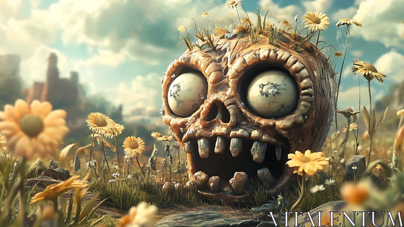 Weathered skull-shaped pumpkin amid overgrown wildflowers.