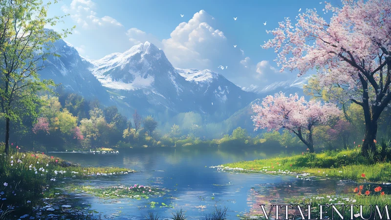 Spring lake reflects snowcapped mountains and blossoms.