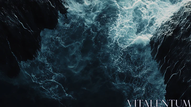 Dark ocean channel cuts through shadowed coastal cliffs