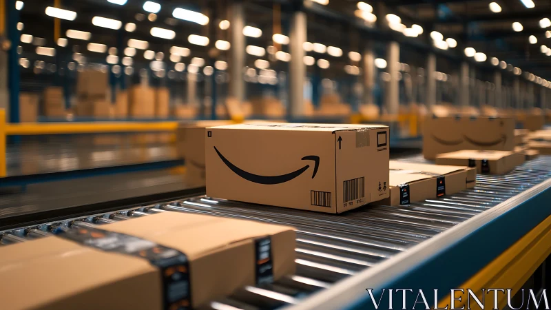 Amazon shipping boxes move along industrial conveyor belt