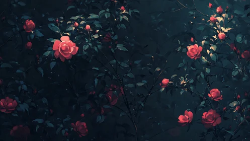 Nocturnal Roses: Luminous Coral Blooms Against Deep Teal Foliage.