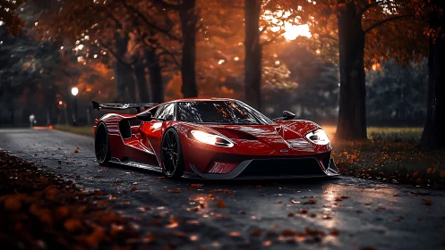 Low-slung red supercar under autumn canopy with directional rim lighting