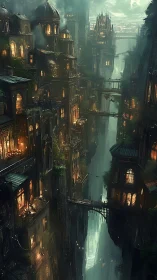 Vertical canyon cityscape in moody steampunk digital painting.