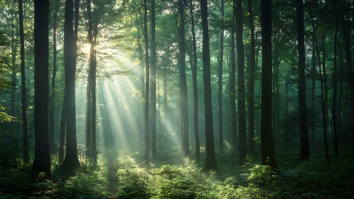 Sunlight streaming through dense green forest in tranquil morning.