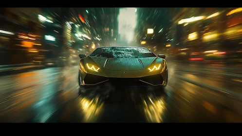 Sports coupe on wet city street with forward motion blur.