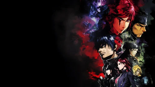 Group of anime warriors arranged vertically on dark background