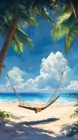 Tropical Hammock Between Palm Trees Overlooking Pristine Turquoise Ocean
