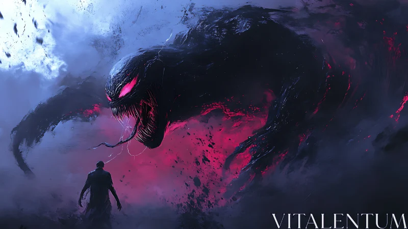 Giant shadow creature looms over lone figure in storm