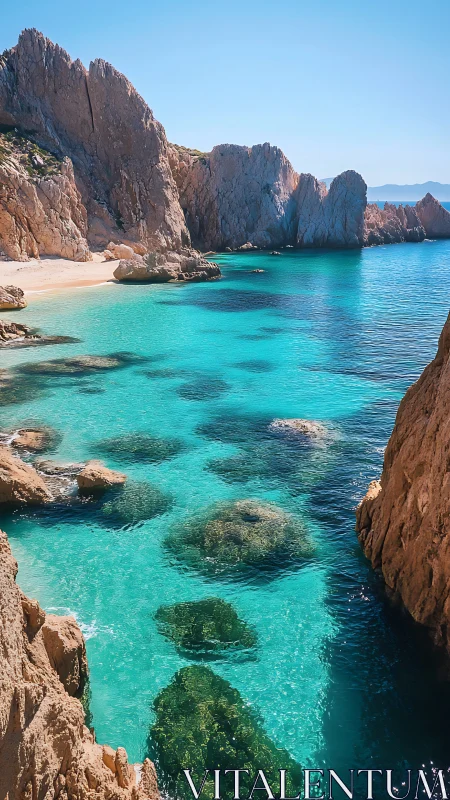 Turquoise Mediterranean Cove with Towering Limestone Cliffs.