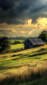 Old wooden barn under dramatic evening storm sky