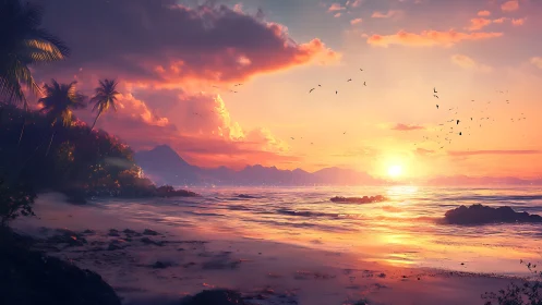 Sunset ignites a tranquil tropical shoreline in warm light