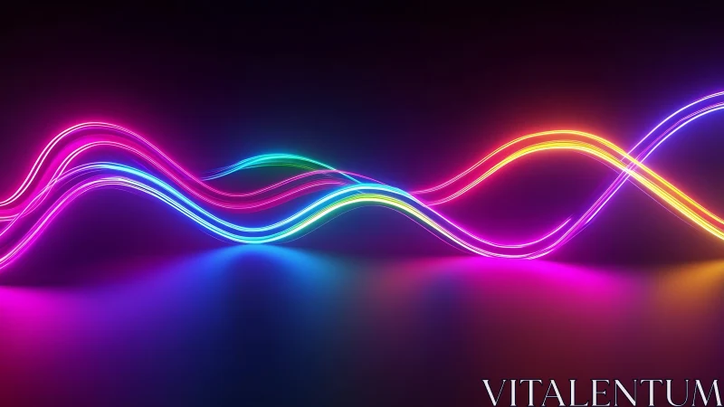 Neon rainbow waves dancing across a glossy midnight horizon.