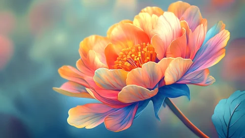 Macro closeup of multicolor gradient peony blossom on teal bokeh