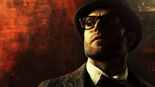 Brooding gentleman in ember glow, hat brim guarding secrets.