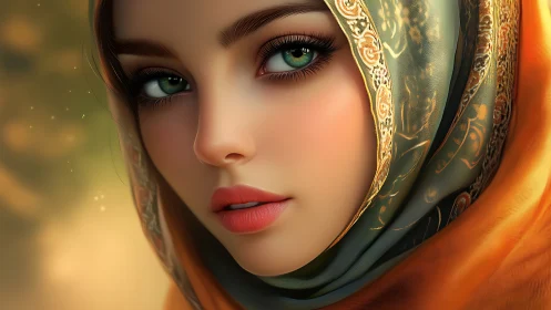 Digital painting portrait with luminous scarf drapery focus.