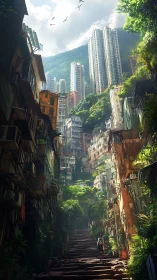Vertical jungle city steps under towering high-rises.