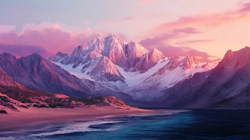 Twilight glaciers lean over rose-tinted dunes that kiss teal seas