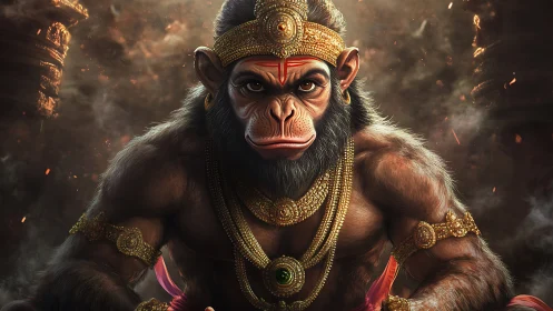 Regal monkey warrior seated in glowing jeweled armor.