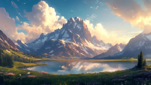 Sunlit peak kingdom mirrored in a tranquil alpine lake.