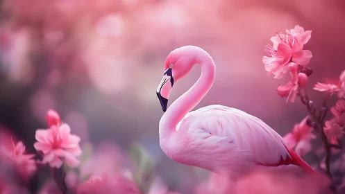 Pink flamingo portrait in dreamy cherry blossom bokeh field.