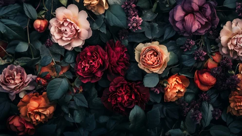 Dark Moody Floral Garden with Layered Blooms and Foliage