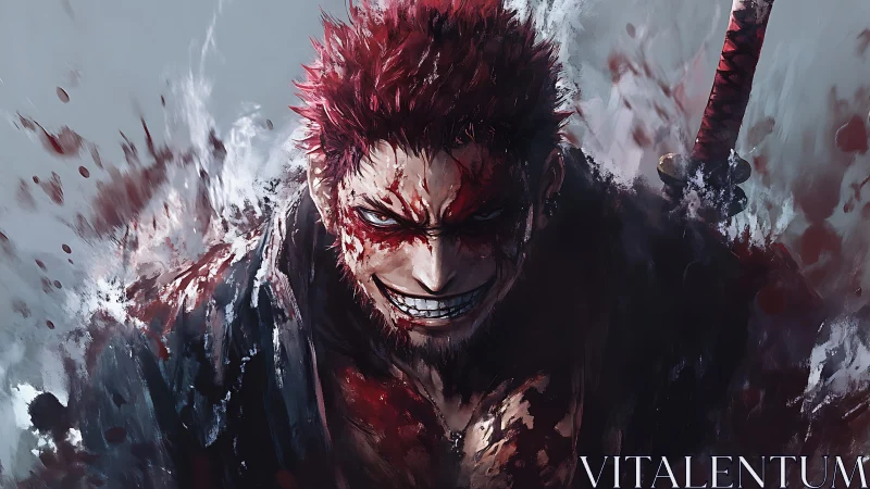 Blood-soaked anime swordsman with feral grin mid-battle.