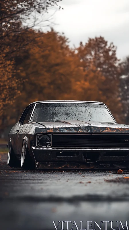 Rusted slammed muscle car under cold autumn rainfall.
