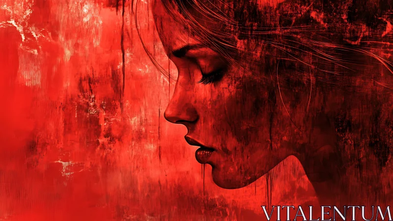 Crimson side profile portrait with textured abstract overlays.