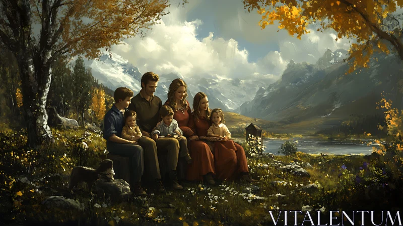Family gathers on alpine meadow under warm autumn light.