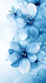 Blue and white flowers with water droplets rendered digitally