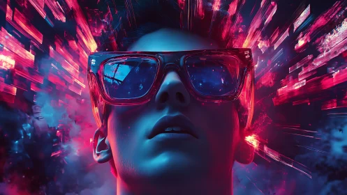Neon cyber dreamer with exploding digital glasses.