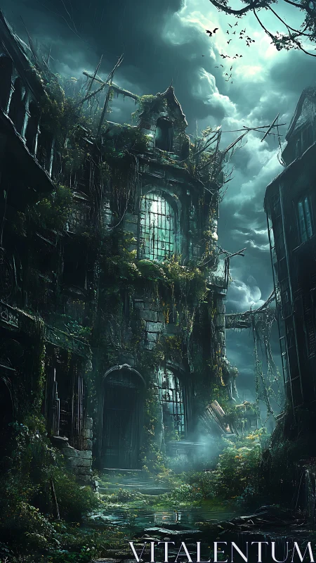 Haunted ivy-covered ruins under stormy night sky.