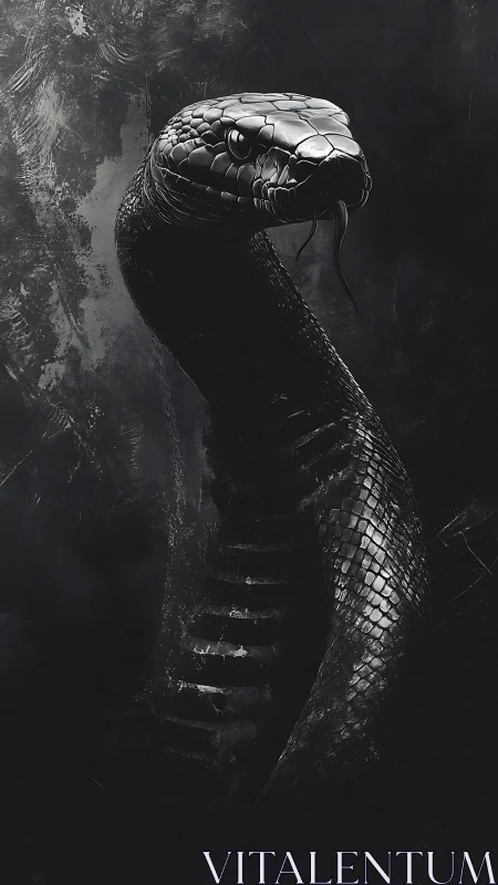 Coiled obsidian cobra emerging from shadowed void.
