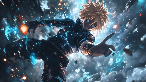 Blond anime figure amid blue energy and scattered debris.