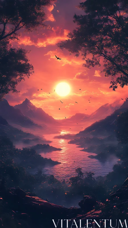 Digital painting sunset valley with atmospheric depth rendering.