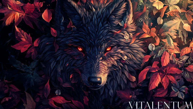 Dark wolf head with glowing eyes in red autumn leaves.