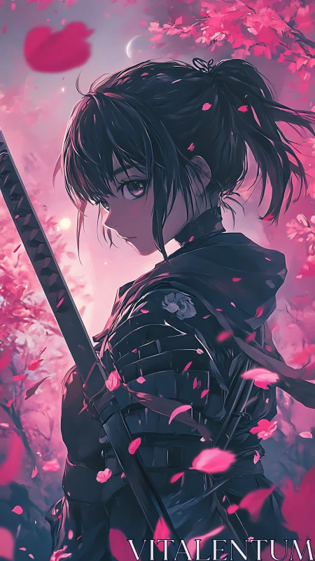 Petalstorm Ronin Girl beneath a twilight sakura sky.