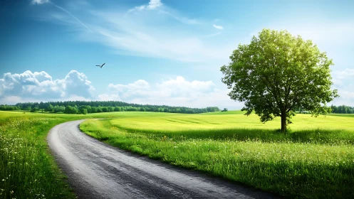 Curved rural road passes fields under clear sky