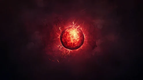 Glowing red energy sphere in dark nebulous environment.