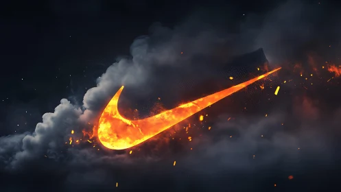 Fiery swoosh emblem slicing through dark smoke storm.