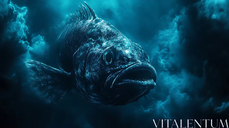 Colossal deep-sea fish emerges from shadowy blue abyss.