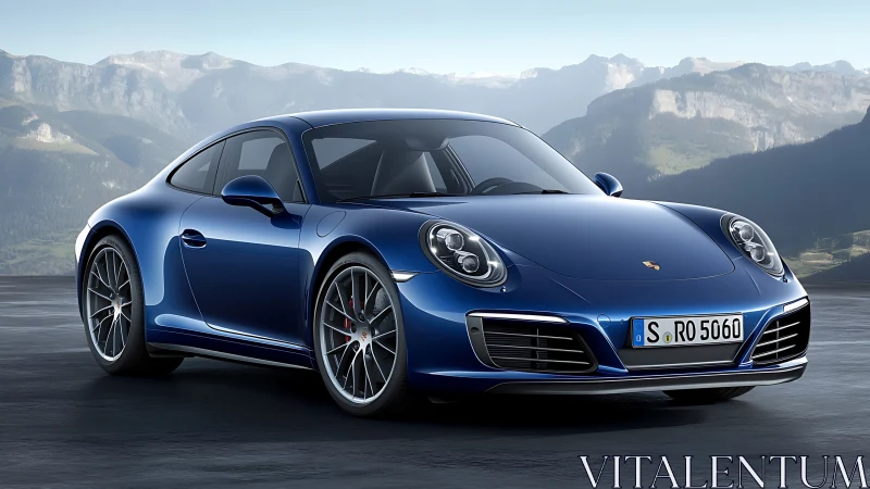 Blue two-door sports coupe is parked on a mountain overlook