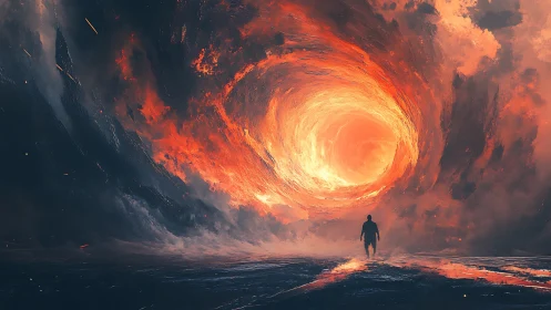 Solitary figure before colossal apocalyptic fire vortex sky