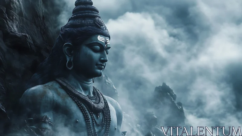 Monumental blue stone deity rendered in misty mountain atmosphere