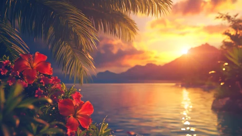 Tropical hibiscus sunset cradled by glowing island waters.