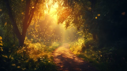 Sunlit Forest Path with Glowing Fireflies in Dreamy Style.