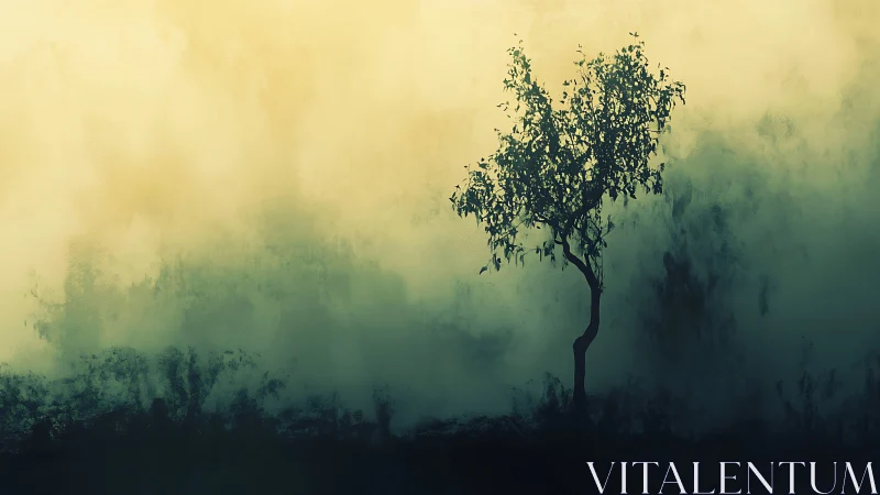 Solitary Tree in Misty Landscape, Digital Art Style.